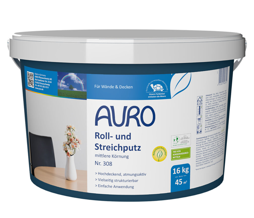 AURO Pflanzenchemie Roll- und Streichputz (16 kg, weiß/blau) reicht für bis zu 45 m². Mittelkörnig, umweltfreundlich, ideal für Wand und Decke. Hochwertige Oberfläche mit ausführlicher Verarbeitungsanleitung auf dem Etikett.