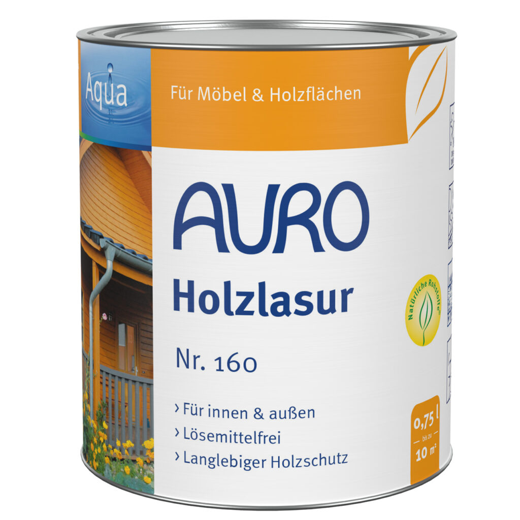 AURO Pflanzenchemie Holzlasur Aqua ist eine lösemittelfreie Holzlasur für den Innen- und Außenbereich. Schützt langanhaltend und verleiht ein natürliches Finish. Das orange-weiße Etikett zeigt ein Haus und Blumen.