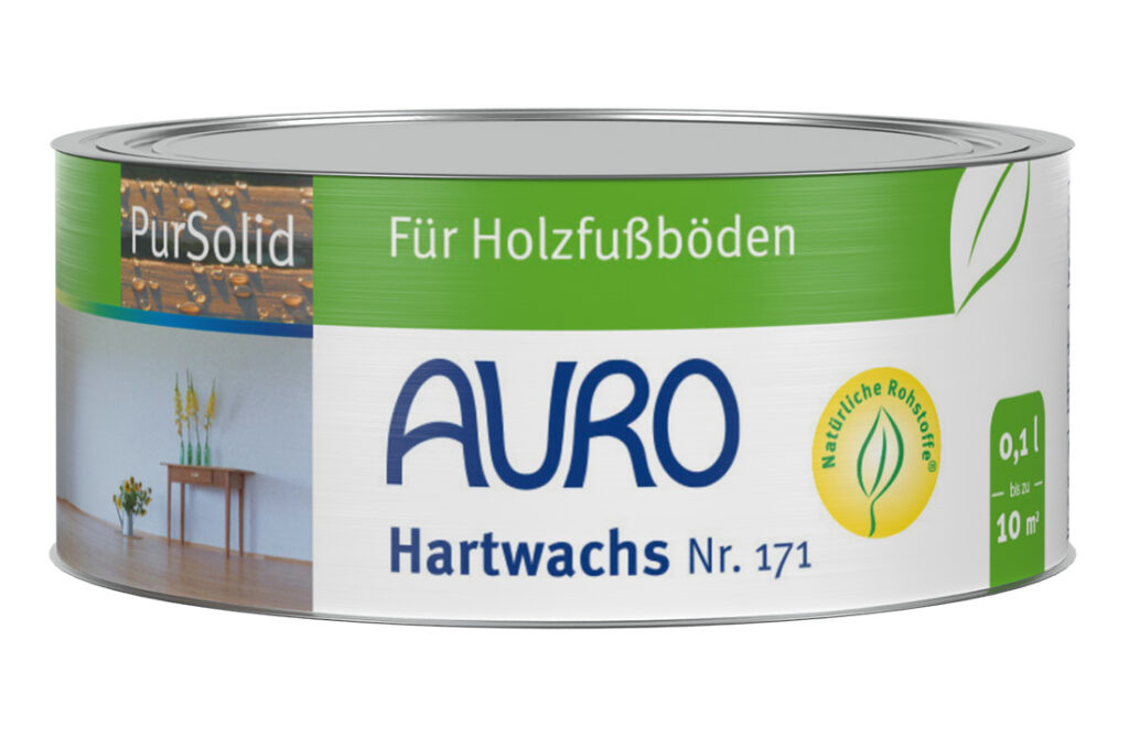 AURO Hartwachs schützt und pflegt Böden mit natürlichen Pflanzenstoffen. Umweltfreundliche Formel in der Metalldose, mit frischem Blättermotiv und Fotos schöner Holzböden.