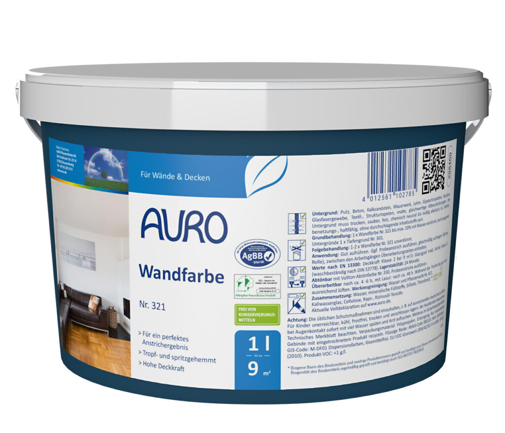 AURO Pflanzenchemie Wandfarbe (1L) mit blauem Deckel reicht für bis zu 9 m². Umweltfreundliches, hochwertiges Finish – ideal für saubere, natürliche Innenwände. Bewährte AURO-Marke.
