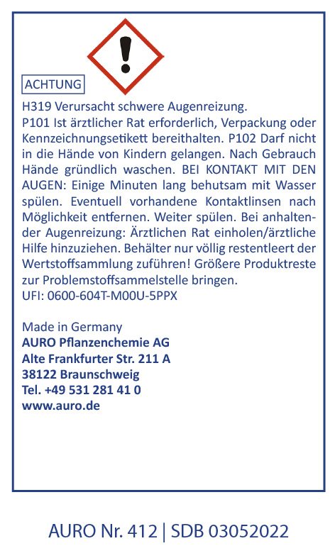 Sicherheitshinweis in deutscher Sprache für AURO Produkt 412 mit Hinweisen auf Augenreizung, Kinderschutz und Augenkontakt. Herstellerangaben und Notrufnummern sind aufgeführt.