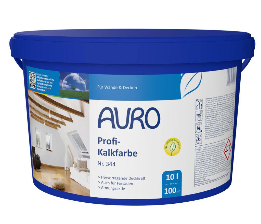 AURO Profi-Kalkfarbe ist eine 10-Liter-Kalkfarbe auf Pflanzenbasis für Wände und Decken. Sie wird im blau-weißen Eimer mit Produktdetails geliefert und ist ideal für helle, wohngesunde Innenräume.