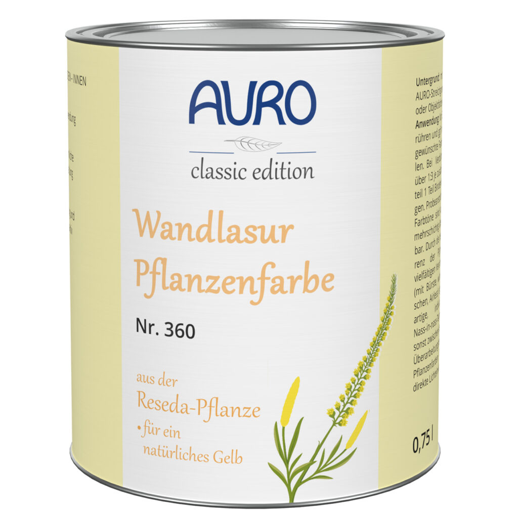 AURO Pflanzenchemie Wandlasur-Pflanzenfarbe Nr. 360 Reseda liefert einen natürlichen Gelbton aus Resedapflanzen. Klassische Edition, mit Wachs angereichert für ein lebendiges, umweltfreundliches 0,75-l-Wandlasur-Finish.