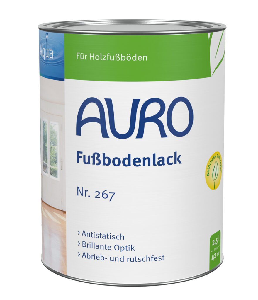 AURO Pflanzenchemie Fußbodenlack – umweltfreundlicher Fußbodenlack in grün-weißer Dose mit deutscher Beschriftung. Mit Bildern heller, sauberer Räume. Schützt Holzböden dauerhaft und natürlich.