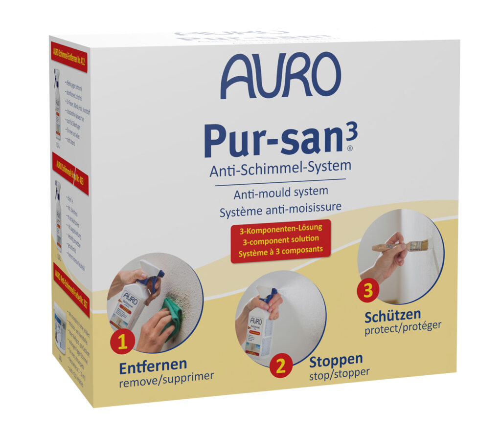AURO Pflanzenchemie Pur-san3 Anti-Schimmel-System: 3-Stufen-Set zur natürlichen Schimmelentfernung – reinigen, stoppen und schützen. Geeignet für Kalksortiment-Oberflächen. Mit mehrsprachiger Anleitung. Sicher, effektiv und umweltfreundlich.