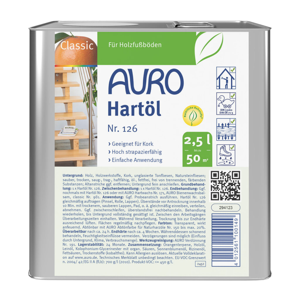 AURO Pflanzenchemie Hartöl, klassisches Hartöl für Holzböden (2,5 l) – grünes Etikett, reicht für 50 m². Stärkt die Haltbarkeit und Schönheit des Holzes; ideal für Treppen. Deutsche Qualität für dauerhaften Schutz.