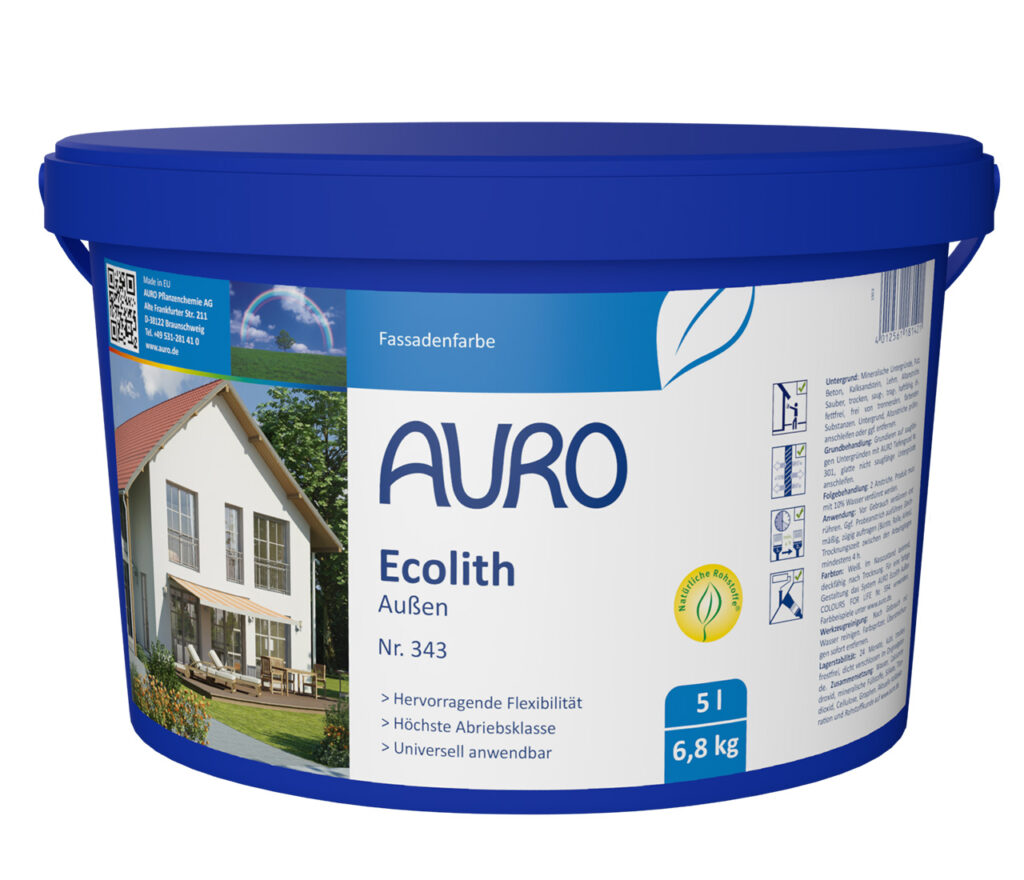 Die AURO Pflanzenchemie Ecolith Außenfarbe (5L) aus dem Kalksortiment bietet natürlichen, dauerhaften Schutz. Mit blauem Deckel und deutscher Kennzeichnung ist sie ideal für umweltfreundliche Außenflächen.