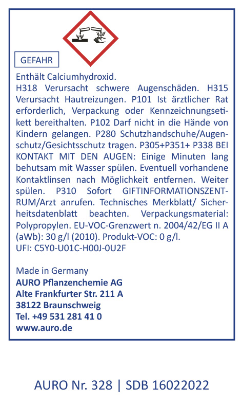  Ein deutsches Sicherheitskennzeichen für Calciumhydroxid. Es enthält ein rotes Gefahrensymbol, Warnhinweise vor Haut- und Augenreizungen, Erste-Hilfe-Anweisungen, Herstellerangaben und Notrufnummern.