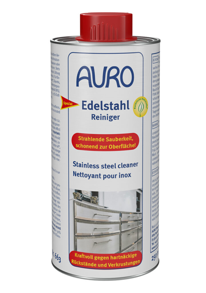 Edelstahl-Reiniger von AURO Pflanzenchemie: Kraftvoller Reiniger in der silbernen Dose mit rotem Deckel. Ideal zur Reinigung und Pflege von Edelstahl. Für makellos glänzende Oberflächen.