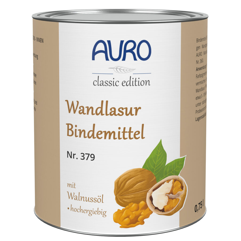 AURO Pflanzenchemie Wandlasur-Bindemittel (0,75 l) ist ein natürliches Wandlasur-Bindemittel auf Basis von Walnussöl und Wachsen, ideal für umweltfreundliche Innenausbauarbeiten. Abgebildet mit Walnüssen für einen authentischen Touch.