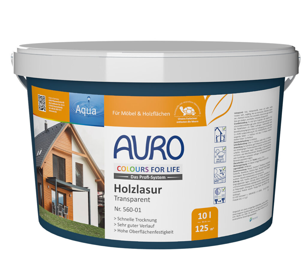 AURO Pflanzenchemie COLOURS FOR LIFE Holzlasur, transparent, 10L. Hochwertige Holzlasur für ein modernes Finish, reicht für bis zu 125m². Umweltfreundlicher Schutz mit klarem Ergebnis – perfekt für moderne Wohnräume.