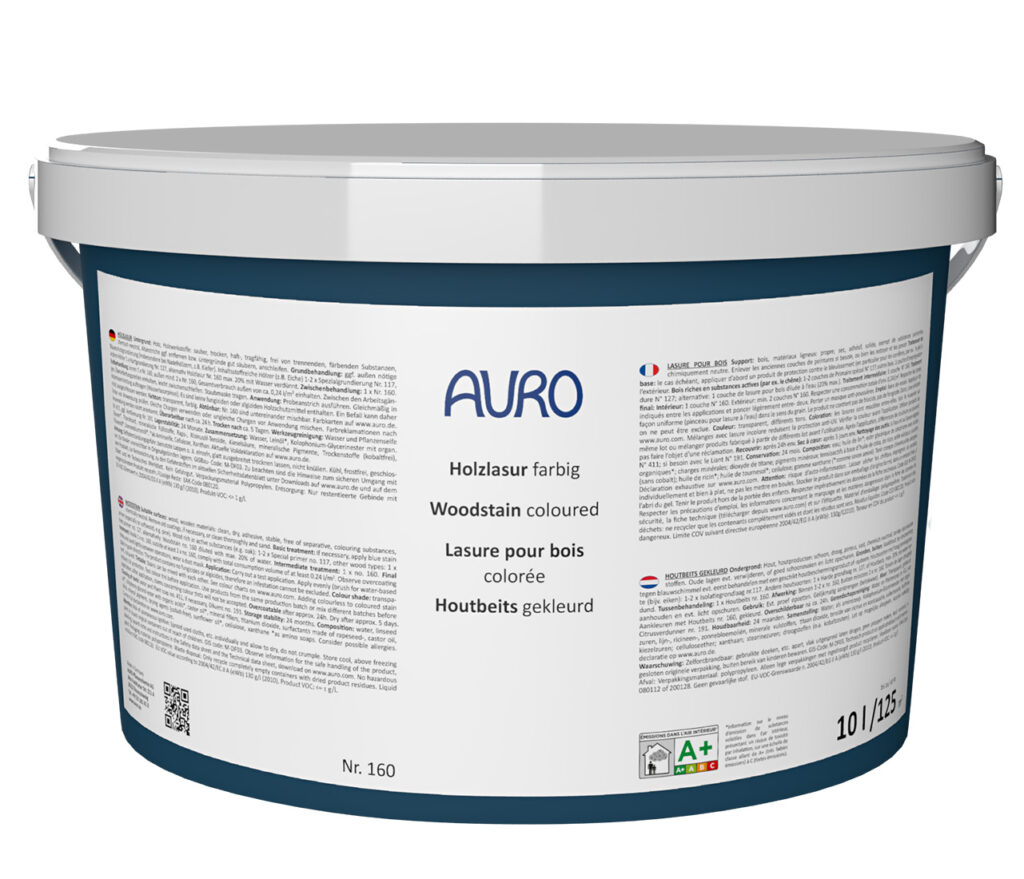 AURO Pflanzenchemie Holzlasur Aqua (10L) ist eine hochwertige Holzlasur auf pflanzlicher Basis im runden blau-weißen Behälter mit sicherem weißen Deckel und mehrsprachiger Gebrauchsanweisung. Geeignet für umweltfreundlichen Holzschutz.