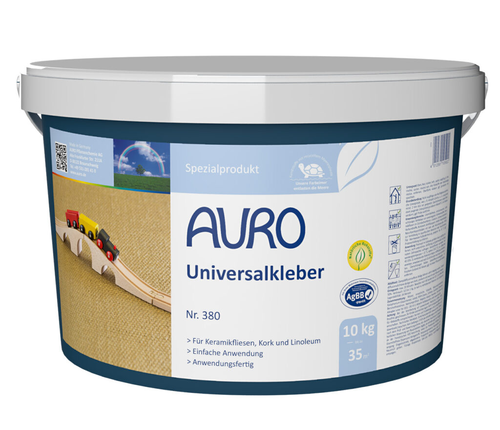 AURO Pflanzenchemie Universalkleber, 10 kg: Starker, umweltfreundlicher Kleber für Keramik, Kork und Linoleum. Ideal für sichere Spiel- und Bastelprojekte – abgebildet mit einer Spielzeugeisenbahn auf der Verpackung. Weiß-blaue Dose.