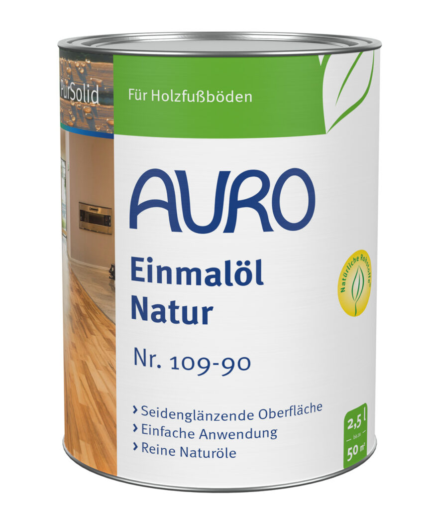 AURO Einmalöl-Natur (2,5 l) ist ein Naturöl für Holzböden, hergestellt in Deutschland. Mit pflanzlichen Inhaltsstoffen pflegt und schützt es Oberflächen und unterstreicht die Schönheit des Holzes. Geeignet für die umweltfreundliche Pflege zu Hause.