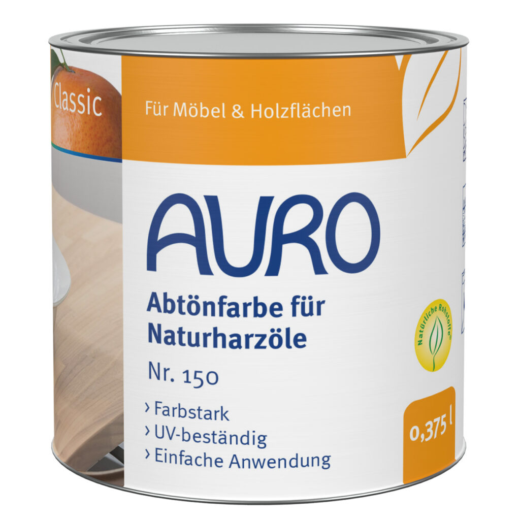 Verschönern Sie Oberflächen mit AURO Pflanzenchemie Abtönfarbe: eine 0,375-Liter-Dose mit natürlich pigmentierter Abtönfarbe für Naturharzöle, die leuchtende Farben, UV-Schutz und eine gleichmäßige, einfache Anwendung bietet.