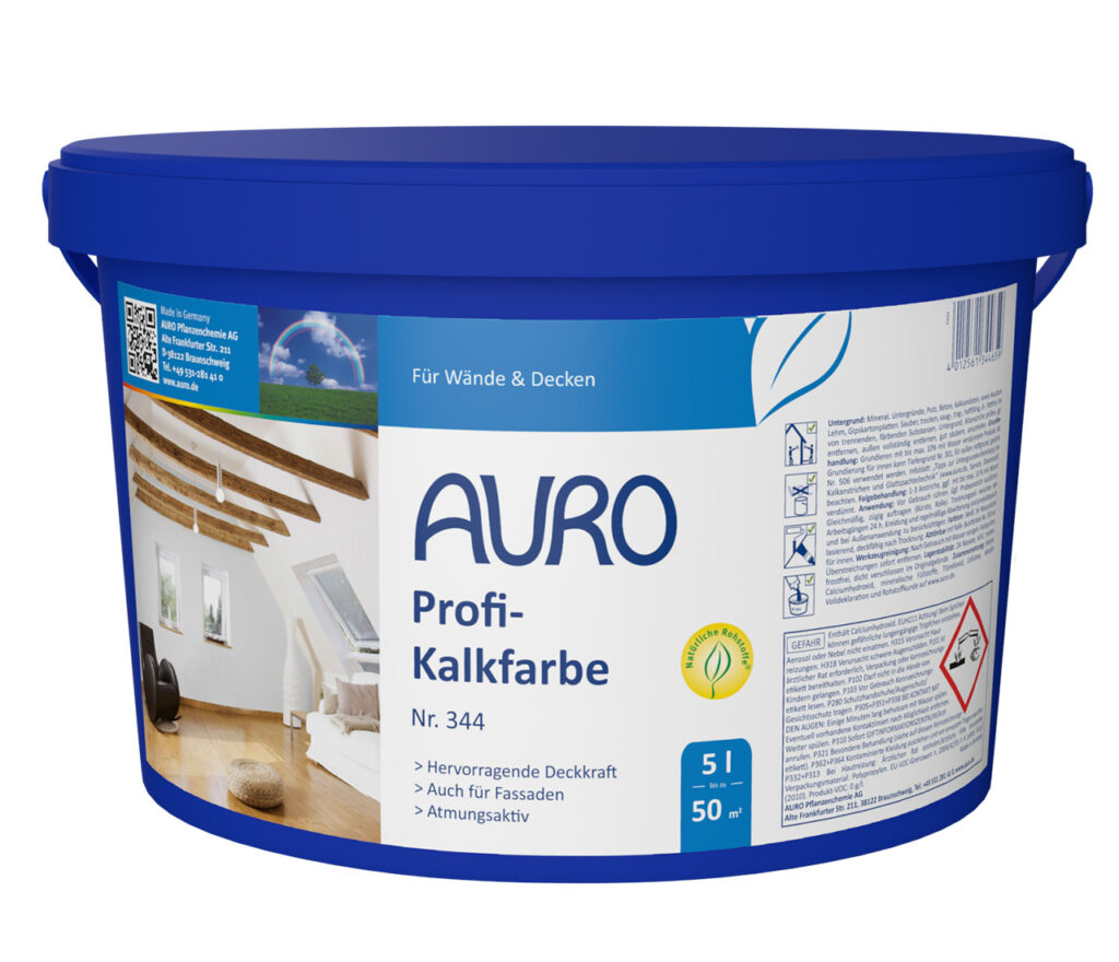AURO Profi-Kalkfarbe (Nr. 344) ist eine natürliche, pflanzliche Wand- und Deckenfarbe für helle Innenräume. Der blaue 5-Liter-Eimer reicht für bis zu 50 m² und bietet hohe Deckkraft sowie ein gesundes Raumklima.