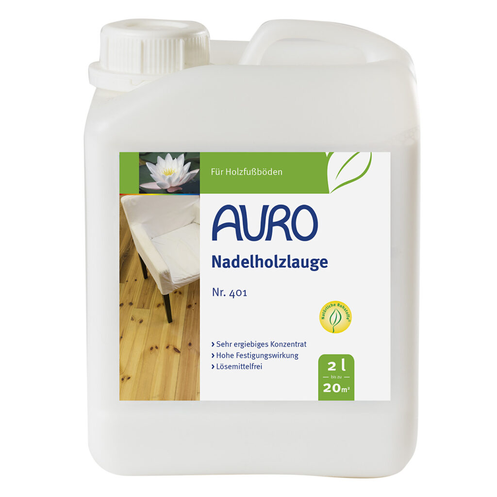 AURO Pflanzenchemie Nadelholzlauge (2L) ist eine natürliche Holzbehandlung für Nadelholzböden mit einer Reichweite von bis zu 20 m². Umweltfreundliche Formel mit pflanzlichen Inhaltsstoffen – ideal zum Schutz und zur Aufhellung von Holzoberflächen.