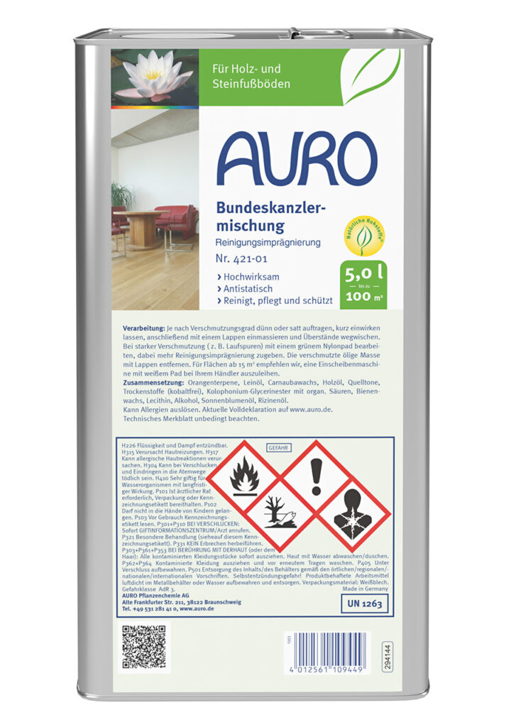 AURO Pflanzenchemie Bundeskanzlermischung: 5-Liter-Metallbehälter zur Reinigung und Imprägnierung von Holz- und Steinböden. Mit klaren Anwendungshinweisen und Sicherheitssymbolen für eine sichere und effektive Anwendung.