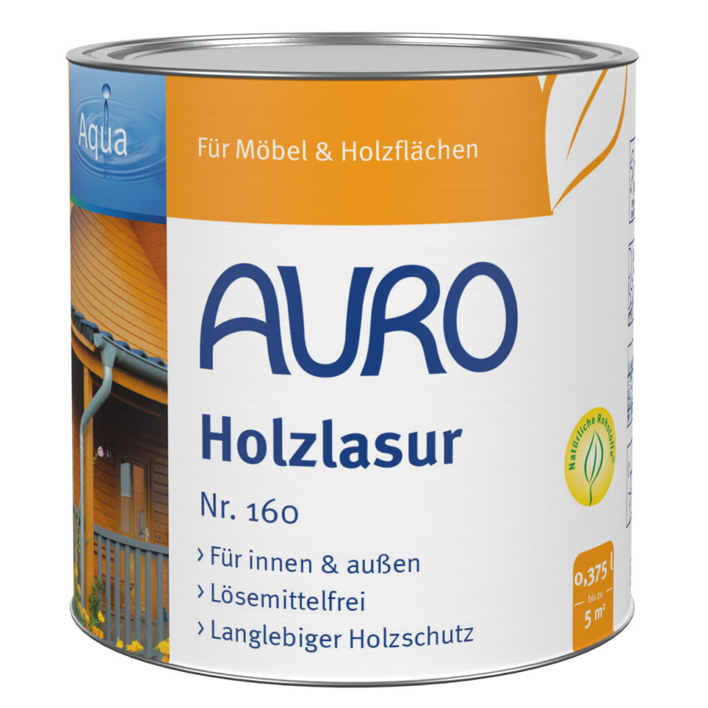 AURO Pflanzenchemie Holzlasur Aqua bietet langanhaltenden Schutz für Holz im Innen- und Außenbereich. Die umweltfreundliche, orange-weiße Dose mit Hausmotiv unterstreicht die sichere und nachhaltige Holzpflege.