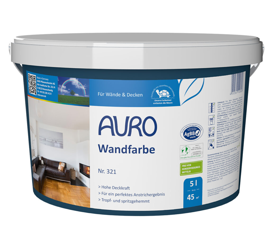 AURO Pflanzenchemie Wandfarbe, 5L – umweltfreundliche Wandfarbe mit blau-weißem Etikett. Ideal für Wände und Decken, sorgt sie für einen gleichmäßigen Deckeffekt in modernen Wohnräumen. Geeignet für ein gesundes Raumklima.