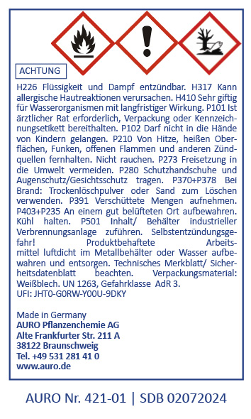 Warnhinweis mit den Gefahrensymbolen für Entzündlichkeit, Reizung und Umweltgefährdung. Enthält Sicherheitshinweise, Erste-Hilfe-Informationen, Firmenkontakt und die AURO-Artikelnummer 421-01.