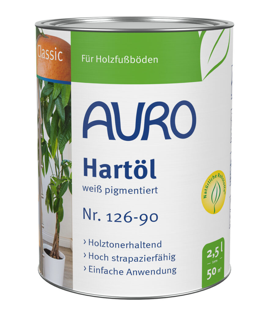 AURO Pflanzenchemie Hartöl, weiß pigmentiert (2,5 l) bietet dauerhaften, leicht aufzutragenden Schutz für Holzböden mit dezentem Weiß. Die umweltfreundliche Wahl für einen natürlichen Look.