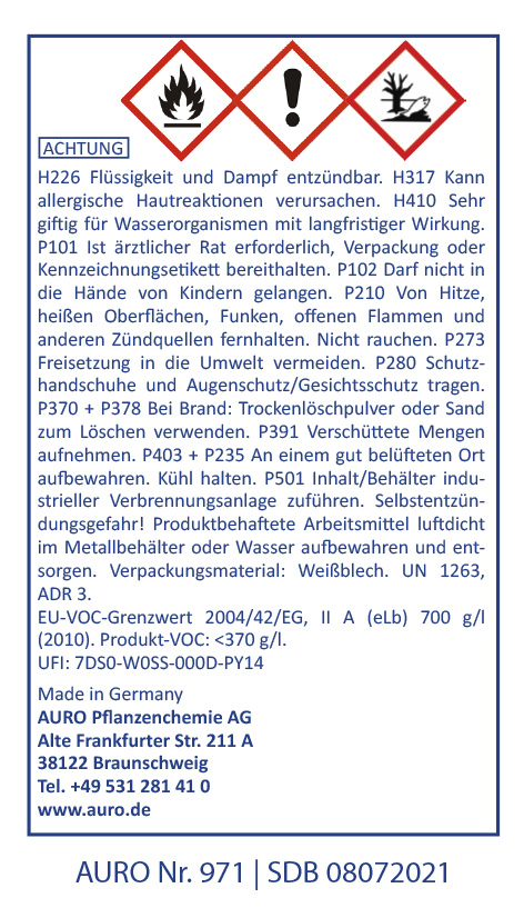 Warnhinweis mit Gefahrensymbolen, Sicherheitshinweisen und Firmenkontakt für AURO Produkt Nr. 971. Die Symbole weisen auf Entzündbarkeit, Gesundheitsgefahr und Umweltgefährdung hin. Der Text enthält Hinweise zur Handhabung und Sicherheit.