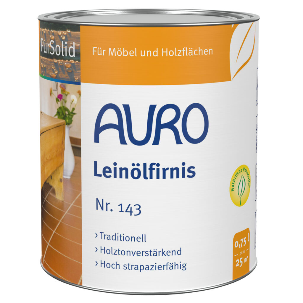 AURO Pflanzenchemie Leinölfirnis Holzöl: Traditionelle pflanzliche Rezeptur mit hoher Haltbarkeit. Stärkt und schützt Holz auf natürliche Weise. Gelb-weißes Etikett mit blauem Text und Symbolen.