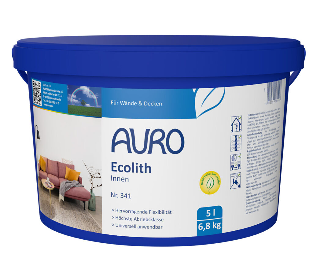 Die AURO Pflanzenchemie Ecolith Innenfarbe (5 l/6,8 kg) bietet eine umweltfreundliche, mineralische Deckschicht für Innenräume. Der Eimer mit deutscher Beschriftung zeigt ein gemütliches Wohnzimmer mit einem rosa Sofa. Ideal für natürliche, gesunde Wände.