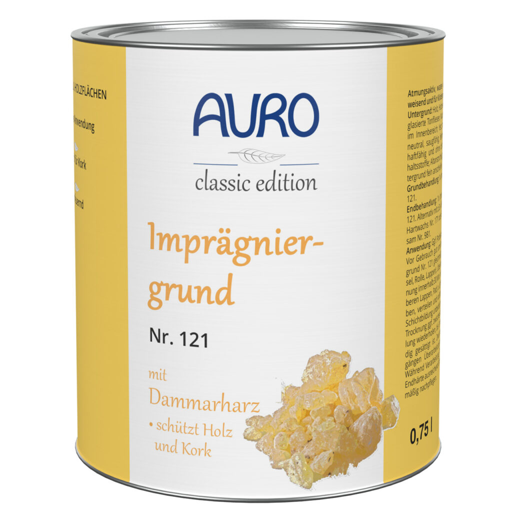 AURO Pflanzenchemie Imprägniergrund (0,75L, Classic Edition) mit Naturharzanteilen schützt und grundiert Holz- und Korkoberflächen für dauerhafte Haltbarkeit und Pflege. Gelbe & weiße Dose.