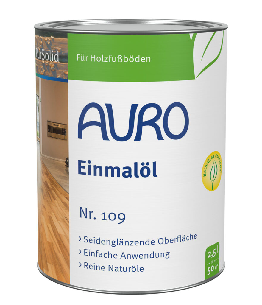 AURO Pflanzenchemie Einmalöl (2,5 l) ist ein naturreines Holzbodenöl mit seidenglänzender Oberfläche. Das grün-weiße Etikett punktet mit einfacher Anwendung und hochwertigen Pflanzenölen für langanhaltenden Schutz.