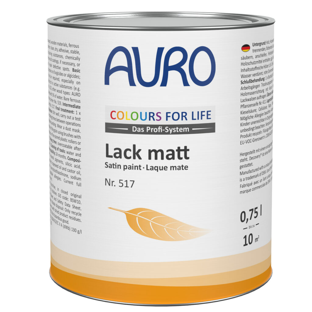 AURO COLOURS FOR LIFE Lack, matt (Nr. 517), 0,75L: Umweltfreundliche Farbe mit Blattgold-Motiv, mehrsprachiges Etikett, reicht für bis zu 10m² – perfekt für glatte, matte Oberflächen im Innenbereich.