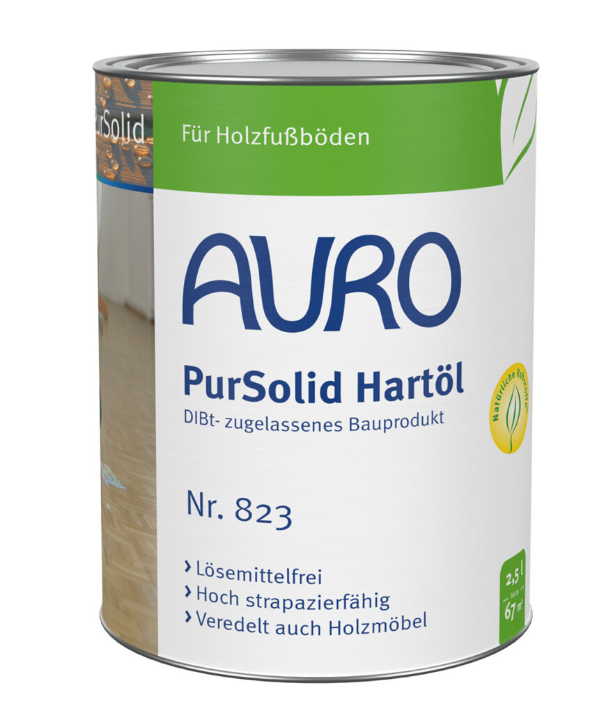 AURO Pflanzenchemie PurSolid Hartöl: Lösemittelfreies, strapazierfähiges Holzöl für Fußböden und Möbel. DIBt-zugelassen, mit grün-blauem Branding und deutscher Aufschrift auf weißer Dose. Umweltfreundlicher Schutz für natürliche Holzoberflächen.