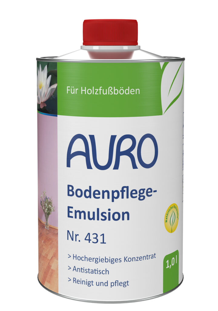 AURO Pflanzenchemie Bodenpflege-Emulsion (1L) reinigt und pflegt Holzböden mit antistatischer Wirkung. Robuste Metalldose mit rotem Deckel und umweltfreundlichem grün-weißem Etikett.