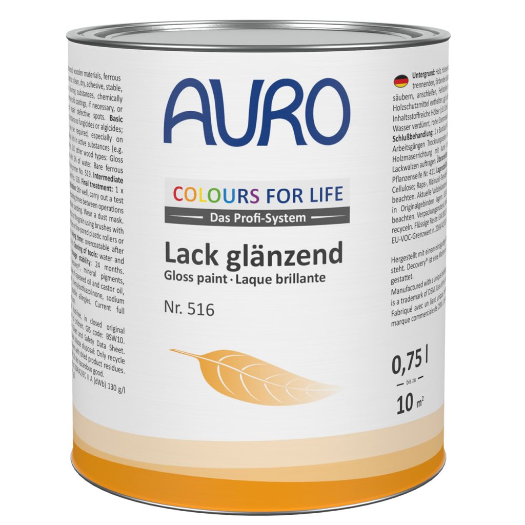 AURO Pflanzenchemie COLOURS FOR LIFE Glanzfarbe, 0,75 l – umweltfreundliches, leuchtendes Finish. Auffälliges weißes Etikett mit blauem, gelbem und regenbogenfarbenem Text und Blattgoldmotiv. Ideal für nachhaltige Innenräume.
