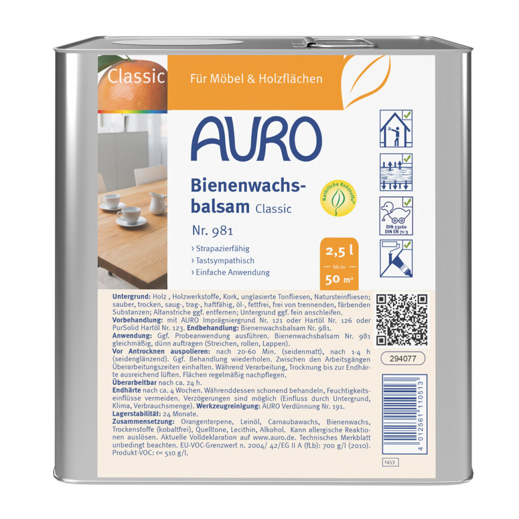 AURO Bienenwachsbalsam (2,5 l) pflegt und schützt Holz mit natürlichen Wachsen. Umweltfreundlich, leicht anzuwenden, hinterlässt er gepflegte Oberflächen mit seidigem Glanz – perfekt für Holztische und -möbel.
