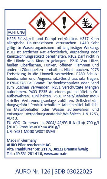 Deutsches Chemikaliensicherheitsetikett mit Warnsymbolen für Entzündlichkeit, Gesundheitsgefahr und Umweltgefährdung. Enthält Warnhinweise, Herstellerinformationen (AURO) und Sicherheitsanweisungen in deutscher Sprache.