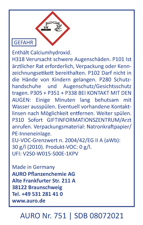 Etikett für ein chemisches Produkt mit Calciumhydroxid. Enthält Gefahrenhinweise, Sicherheitsanweisungen und Kontaktdaten des Herstellers. Das Etikett zeigt ein rotes Gefahrensymbol in Form einer Raute mit Ausrufezeichen. Der Text ist in deutscher Sprache