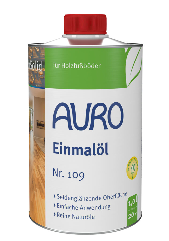 Das AURO Einmalöl ist in einer Dose mit rotem Deckel, grünem Etikett und blauem Text erhältlich. Es pflegt und schützt Holzböden und ist mit klaren Produktdetails und Bodenbildern auf der Verpackung versehen.