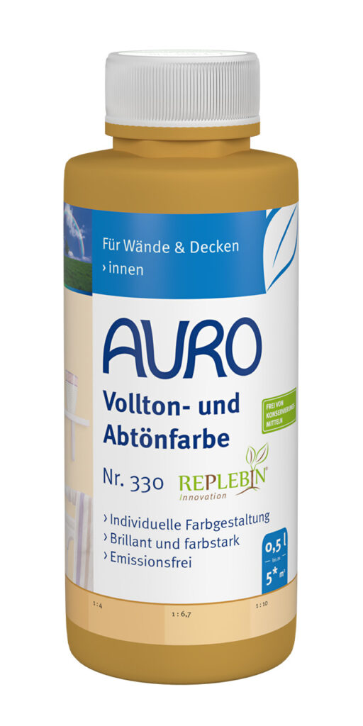 AURO Pflanzenchemie Vollton- und Abtönfarbe, 0,5L – blau/weißes Etikett. Emissionsfreie, pflanzliche Farbe für Innenwände und Decken. Ideal für lebendige, umweltfreundliche Dekorationen.
