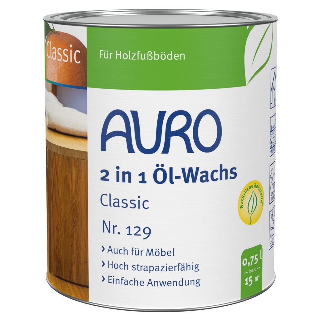 AURO Pflanzenchemie 2 in 1 Öl-Wachs Classic (0,75L) schützt und pflegt Holzböden. Reicht bis zu 15 m². Natürliche Formel, deutsche Kennzeichnung, grün-weißes Design.