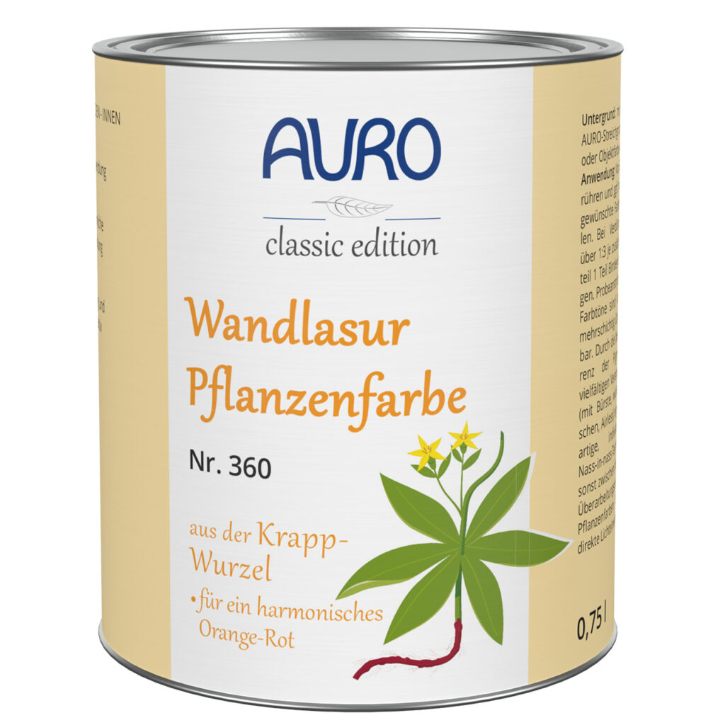 AURO Pflanzenchemie Wandlasur-Pflanzenfarbe (0,75 l) ist eine Wandlasur auf Pflanzenbasis in einer gelb-orangen Dose mit botanischen Bildern und deutschem Text – fachmännisch hergestellt für natürliche, lebendige Innenanstriche.