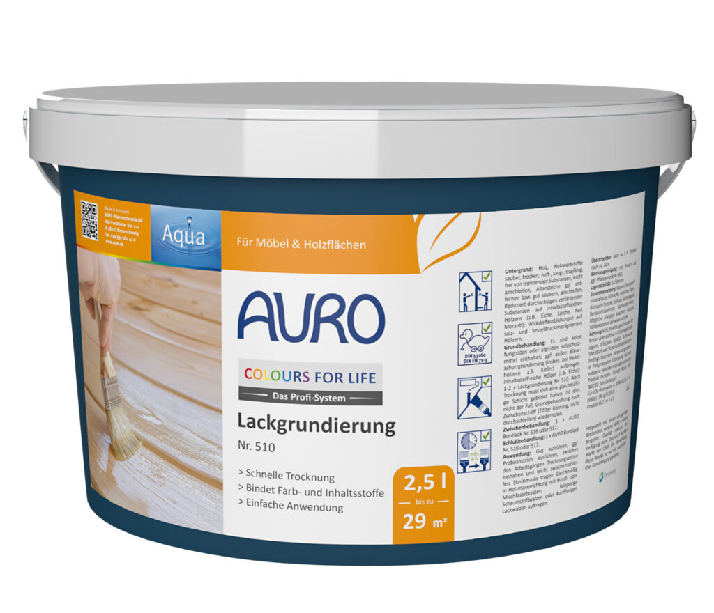 2,5 l AURO COLOURS FOR LIFE Lackgrundierung für Möbel und Holz. Reicht für 29 m². Umweltfreundlich, mit deutschem Siegel, ideal zur Vorbereitung von Oberflächen für Lacke und Farben. Blau-weißer Kunststoffeimer.