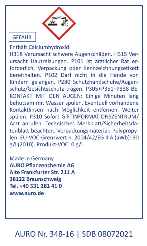 Ein deutsches Chemikaliensicherheitsetikett mit Gefahrenhinweisen für Calciumhydroxid, Gebrauchsanweisungen, Notfallmaßnahmen, Produktdetails, Firmenadresse und Kontaktinformationen in blau umrandeter Schrift auf weißem Hintergrund.