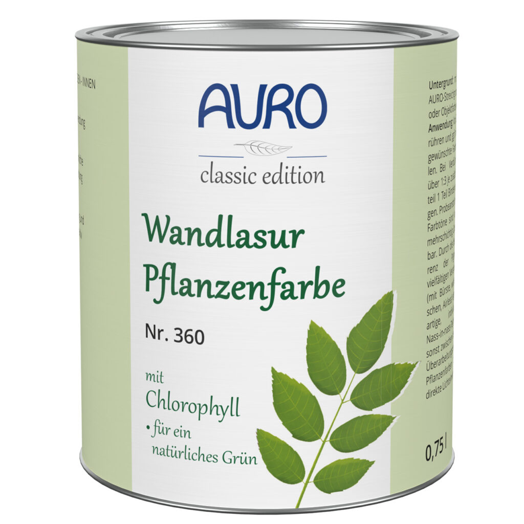 AURO Wandlasur-Pflanzenfarbe: Pflanzliche Wandfarbe, angereichert mit Chlorophyll. Sorgt für ein frisches, natürlich grünes Finish. Umweltfreundlich, mit leuchtenden Farben und einem hellgrünen Etikett mit Blattmotiv.