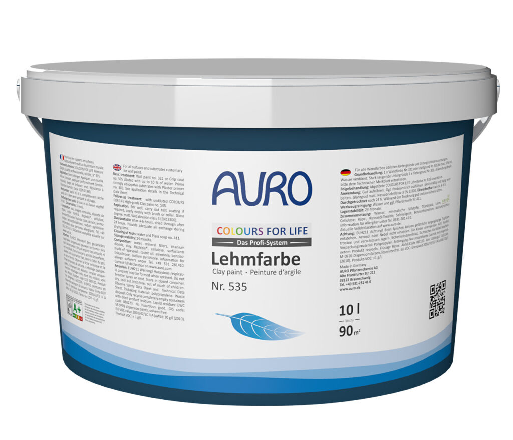 AURO COLOURS FOR LIFE Profi-Lehmfarbe: 10L natürliche Lehmfarbe reicht für 90m². Umweltfreundliche, pflanzliche Rezeptur mit frischem Blattdesign; ideal für wohngesunde, nachhaltige Innenräume.