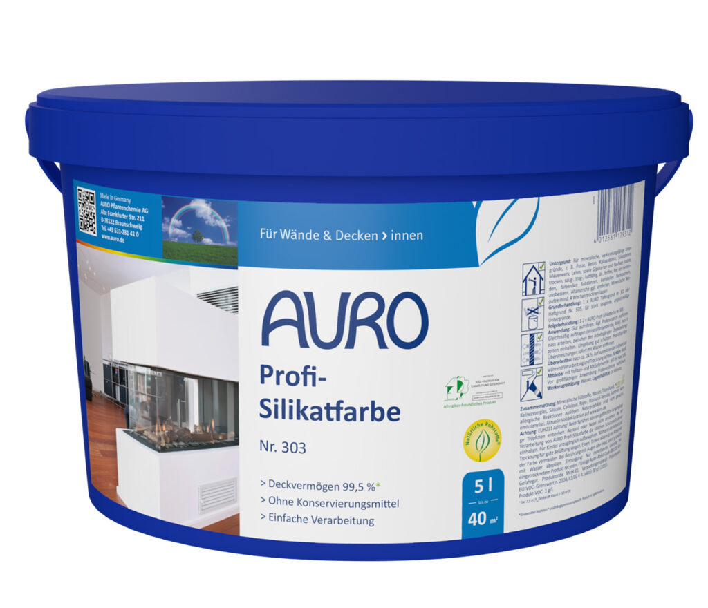 AURO Profi-Silikatfarbe: 5 l umweltfreundliche Silikatfarbe für Innenwände und Decken. Sorgt für langlebige, strahlend weiße Oberflächen – ideal für moderne Räume.