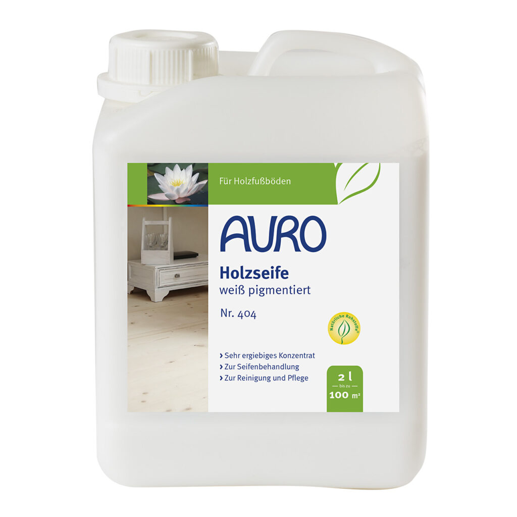 AURO Pflanzenchemie Holzseife-Weiß pigmentiert (2L): Weiß pigmentierte Holzseife auf Pflanzenbasis mit Duft nach weißem Lotus – reinigt und pflegt helle Holzböden. Ideal für die schonende, natürliche Bodenpflege.