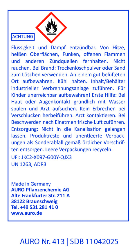 Warnschild mit dem Symbol „Entzündlich“. Der deutsche Text enthält Sicherheitshinweise zum Umgang mit brennbaren Flüssigkeiten, einschließlich der Behandlung von Verletzungen, der Entsorgung und der Kontaktinformationen des Herstellers AURO Pflanzenchemie