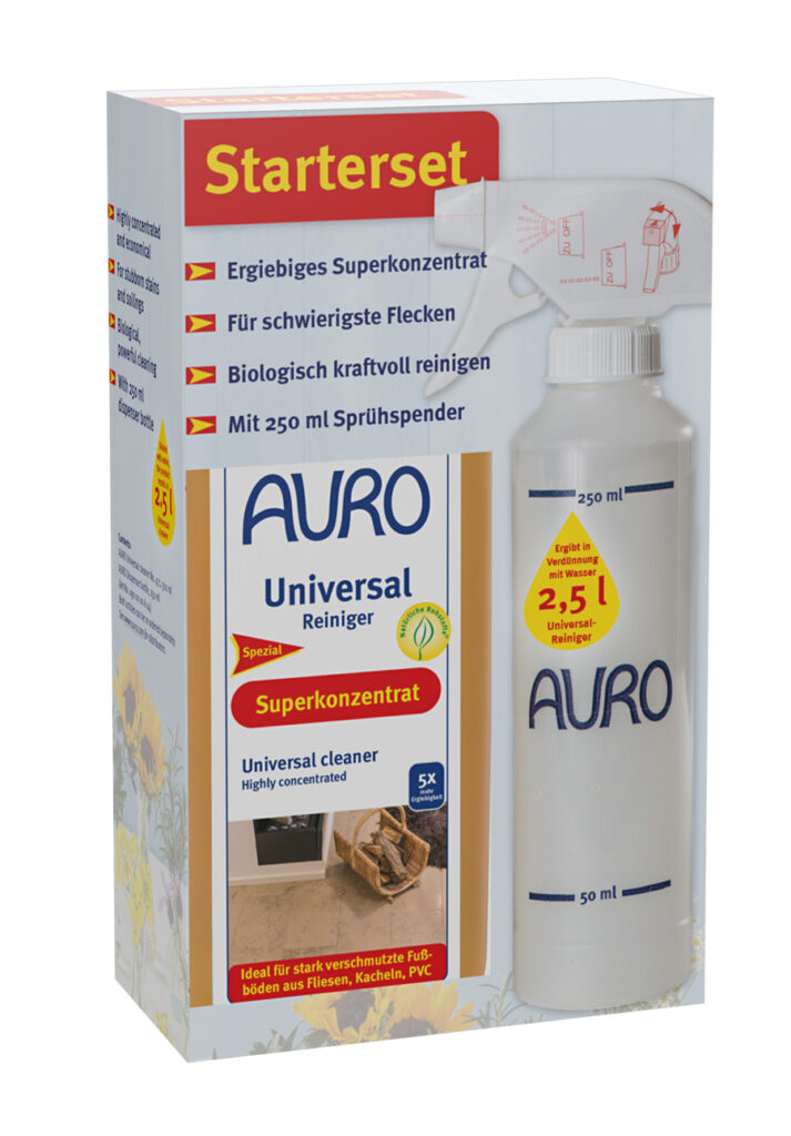 AURO Pflanzenchemie Universal-Reiniger Starter-Set: Kraftvoller Pflanzenreiniger mit 250-ml-Sprühflasche und Konzentrat. Ideal für hartnäckige Verschmutzungen auf Fliesen, in Küche und Bad. Strahlend weiße Verpackung mit gelb-roten Akzenten.